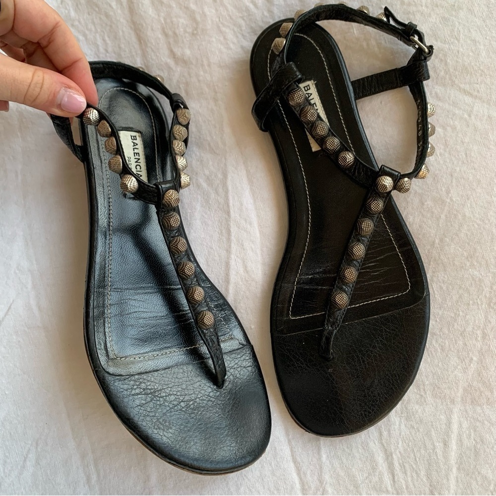 Vintage Balenciaga Arena Silver Stud Leather Thong T Sandals Black - Picture 2 of 10